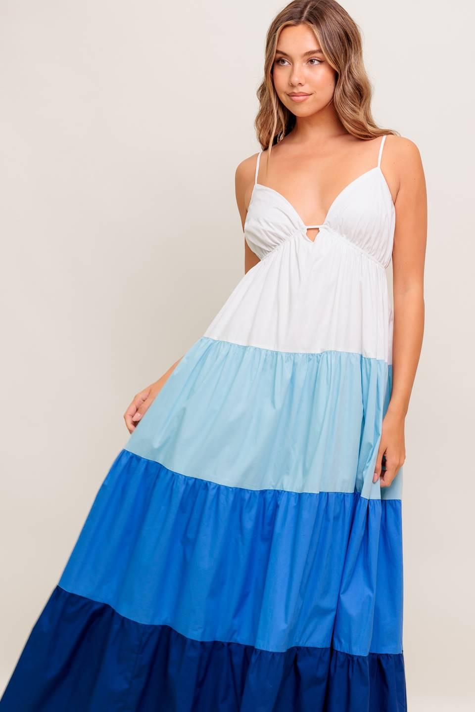 Cruise Mode Woven Midi Dress in white blue, view 2 — Soul Flow Apparel