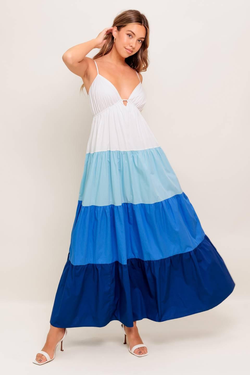 Cruise Mode Woven Midi Dress in white blue, view 3 — Soul Flow Apparel