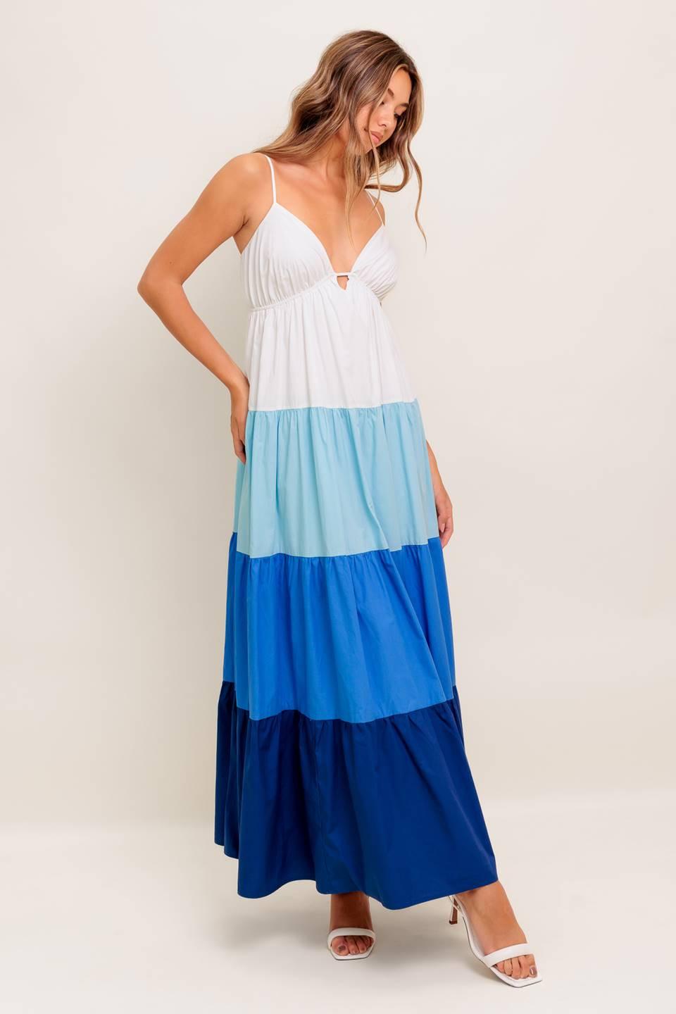 Cruise Mode Woven Midi Dress in white blue, view 4 — Soul Flow Apparel