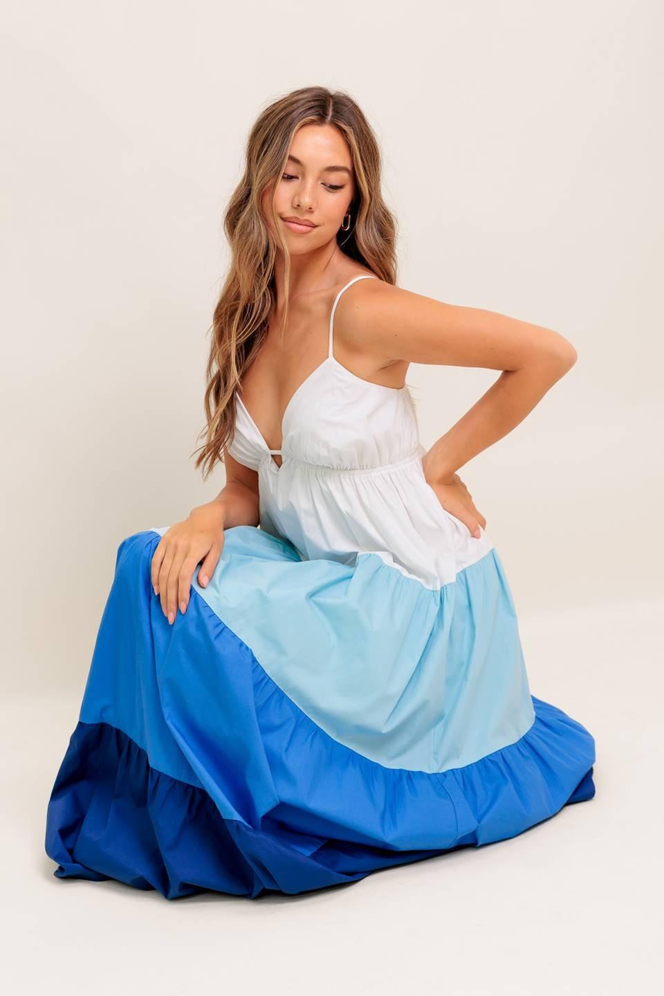 Cruise Mode Woven Midi Dress in white blue, view 7 — Soul Flow Apparel