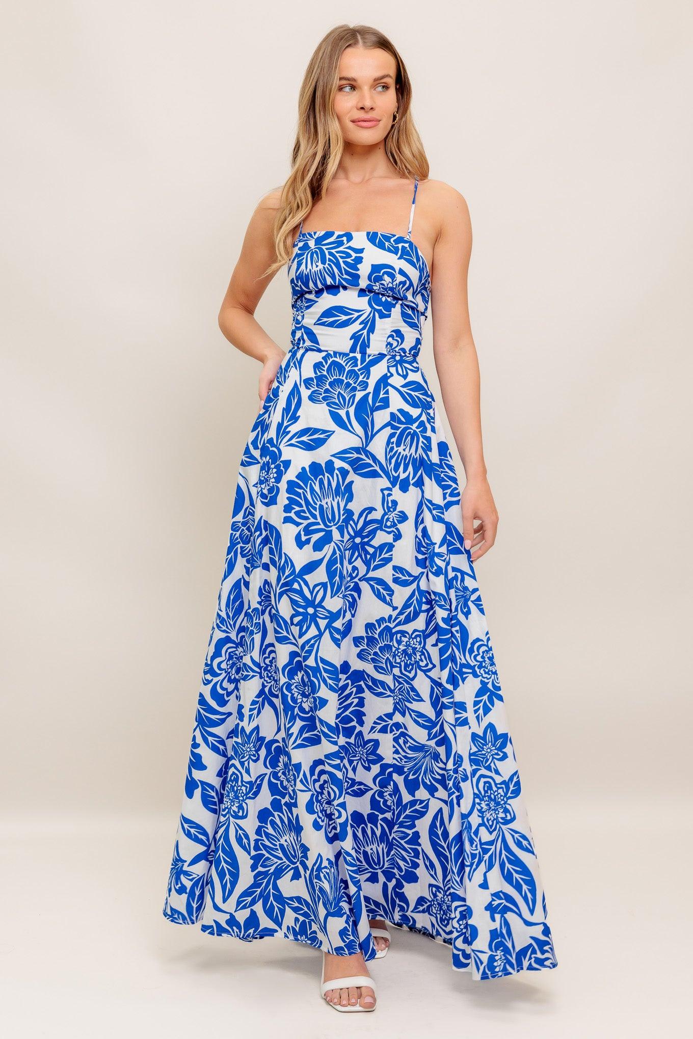 Seaside Bloom Woven Ankle Dress in ivory blue, view 1 — Soul Flow Apparel