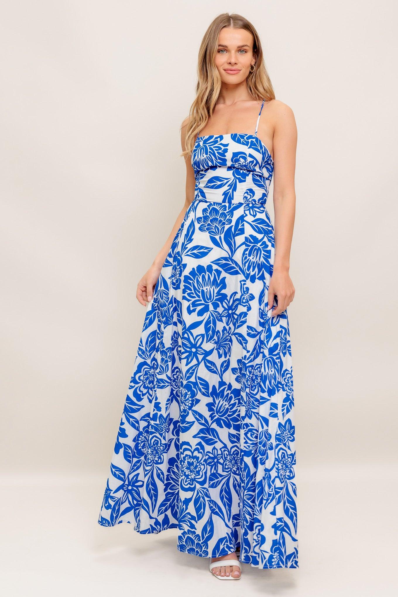 Seaside Bloom Woven Ankle Dress in ivory blue, view 2 — Soul Flow Apparel