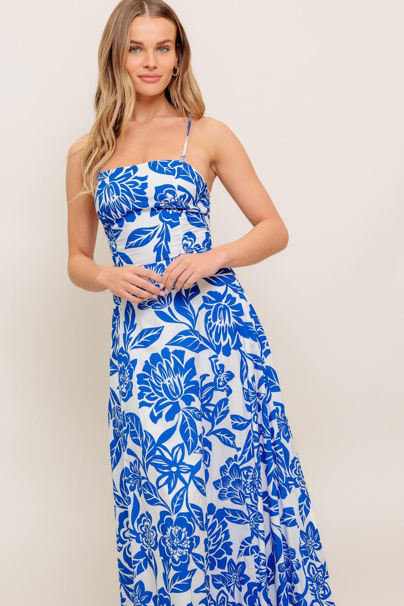 Seaside Bloom Woven Ankle Dress in ivory blue, view 3 — Soul Flow Apparel