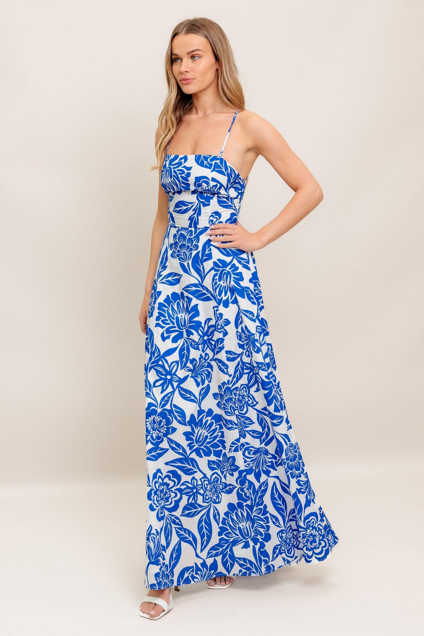 Seaside Bloom Woven Ankle Dress in ivory blue, view 4 — Soul Flow Apparel