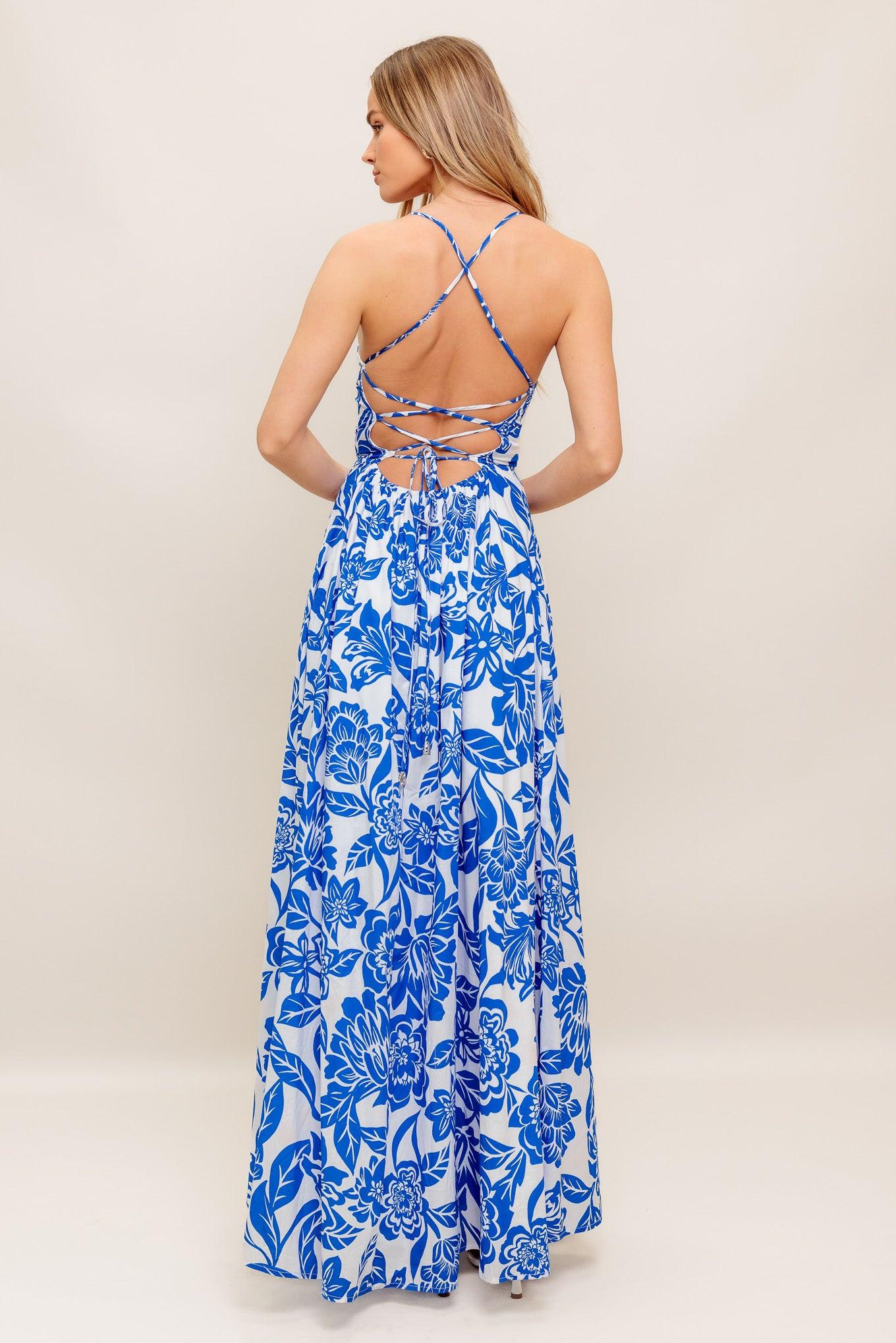 Seaside Bloom Woven Ankle Dress in ivory blue, view 5 — Soul Flow Apparel