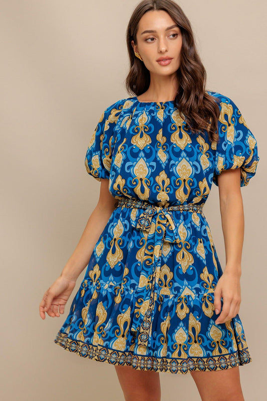 Baroque Breeze Woven Mini Dress in navy, view 1 — Soul Flow Apparel