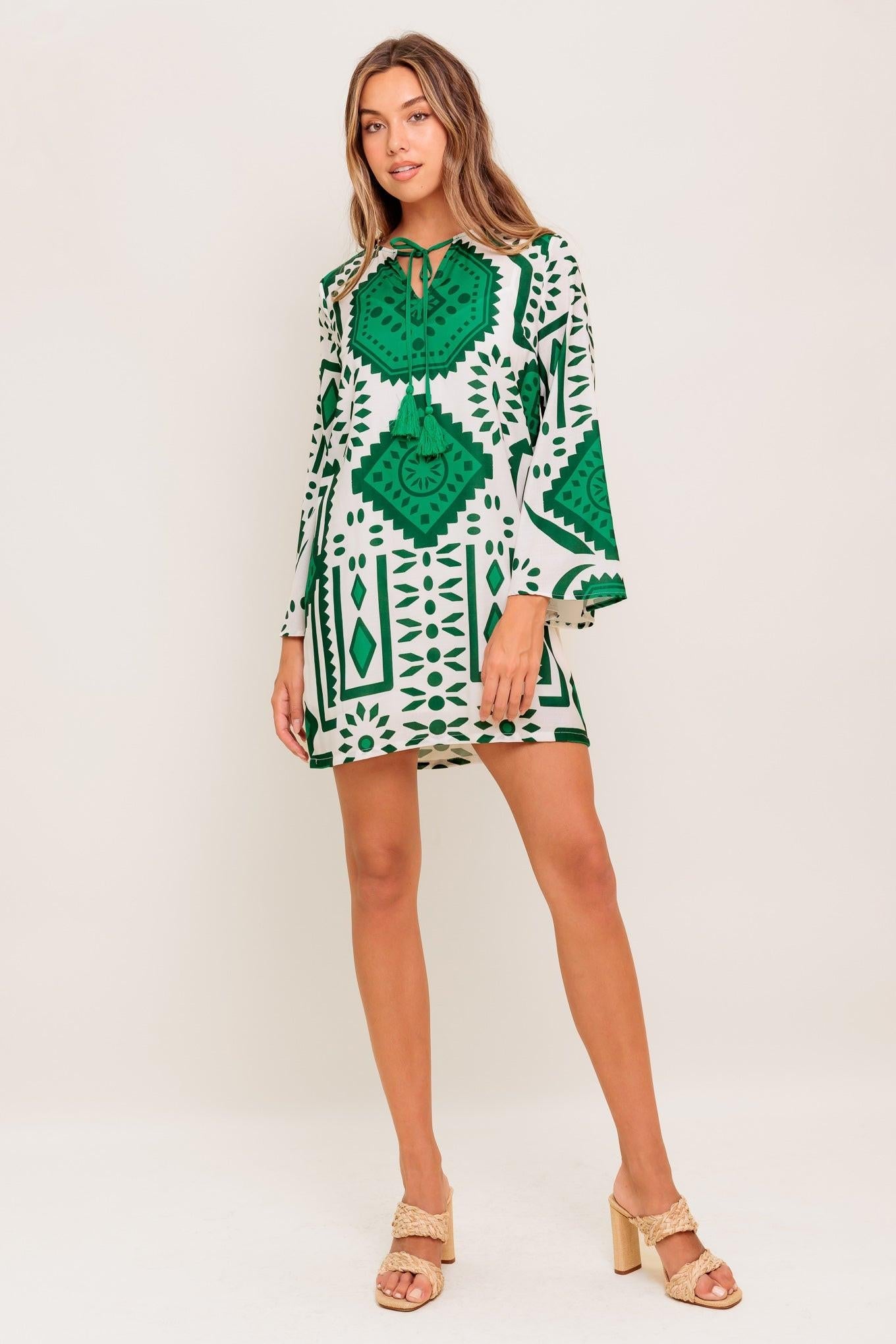 Emerald Terra Tunic Woven Mini Dress in ivory green, view 1 — Soul Flow Apparel