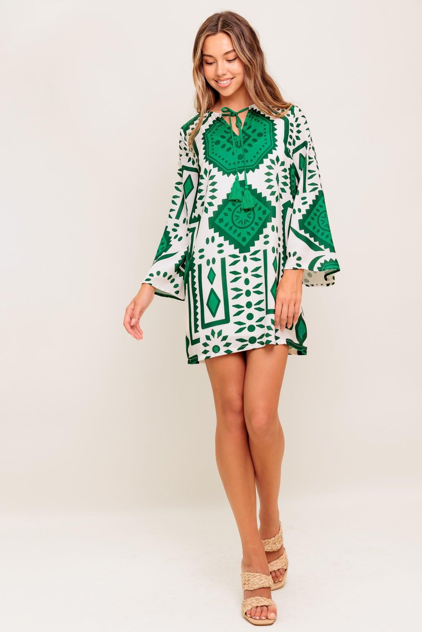 Emerald Terra Tunic Woven Mini Dress in ivory green, view 2 — Soul Flow Apparel