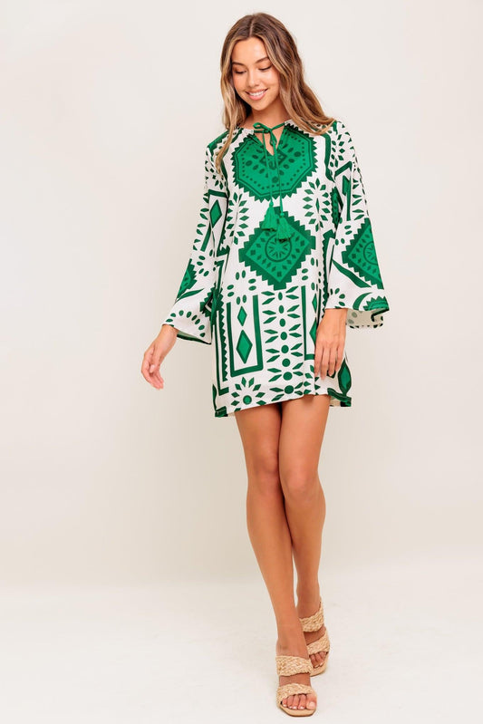 Emerald Terra Tunic Woven Mini Dress in ivory green, view 2 — Soul Flow Apparel