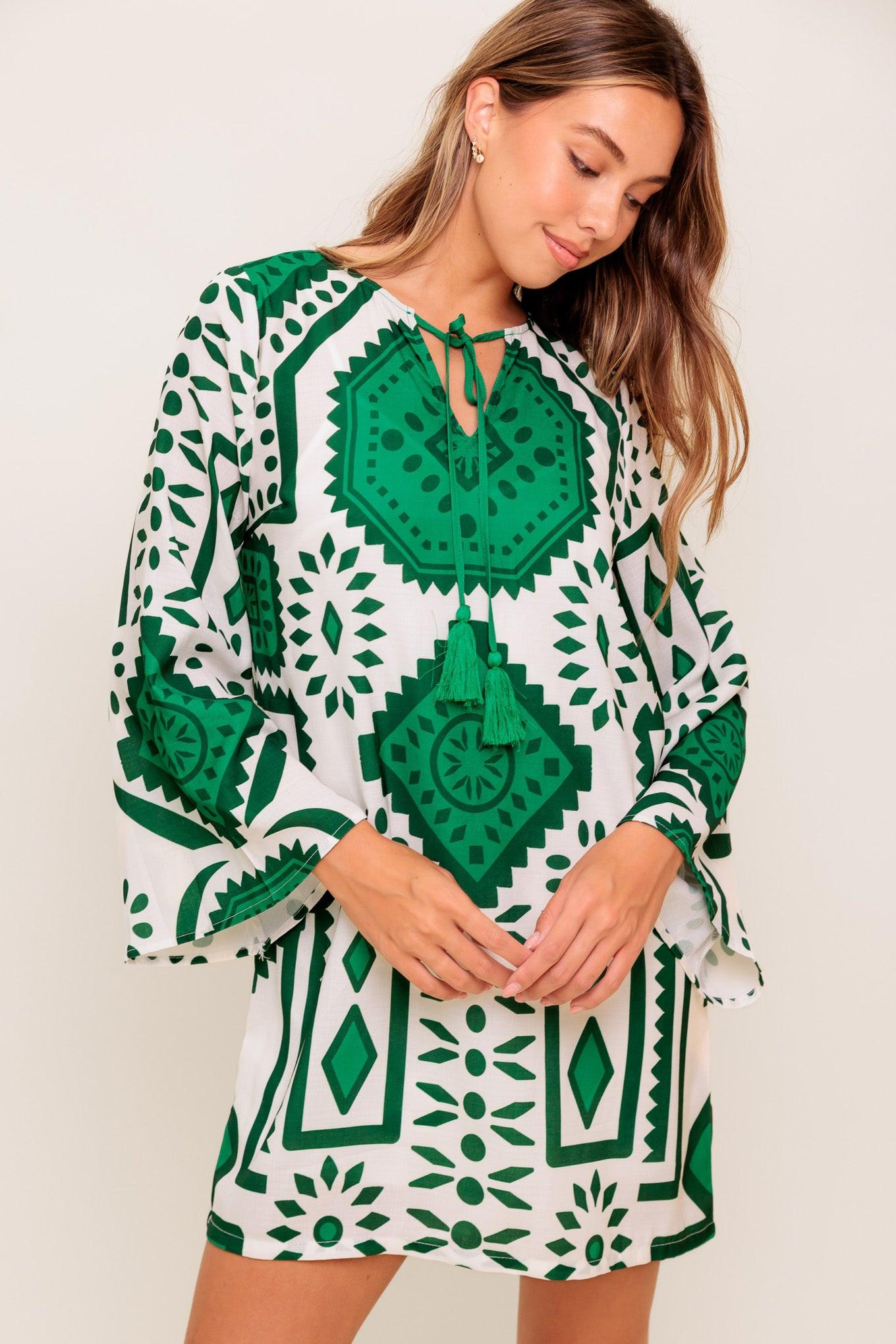 Emerald Terra Tunic Woven Mini Dress in ivory green, view 3 — Soul Flow Apparel