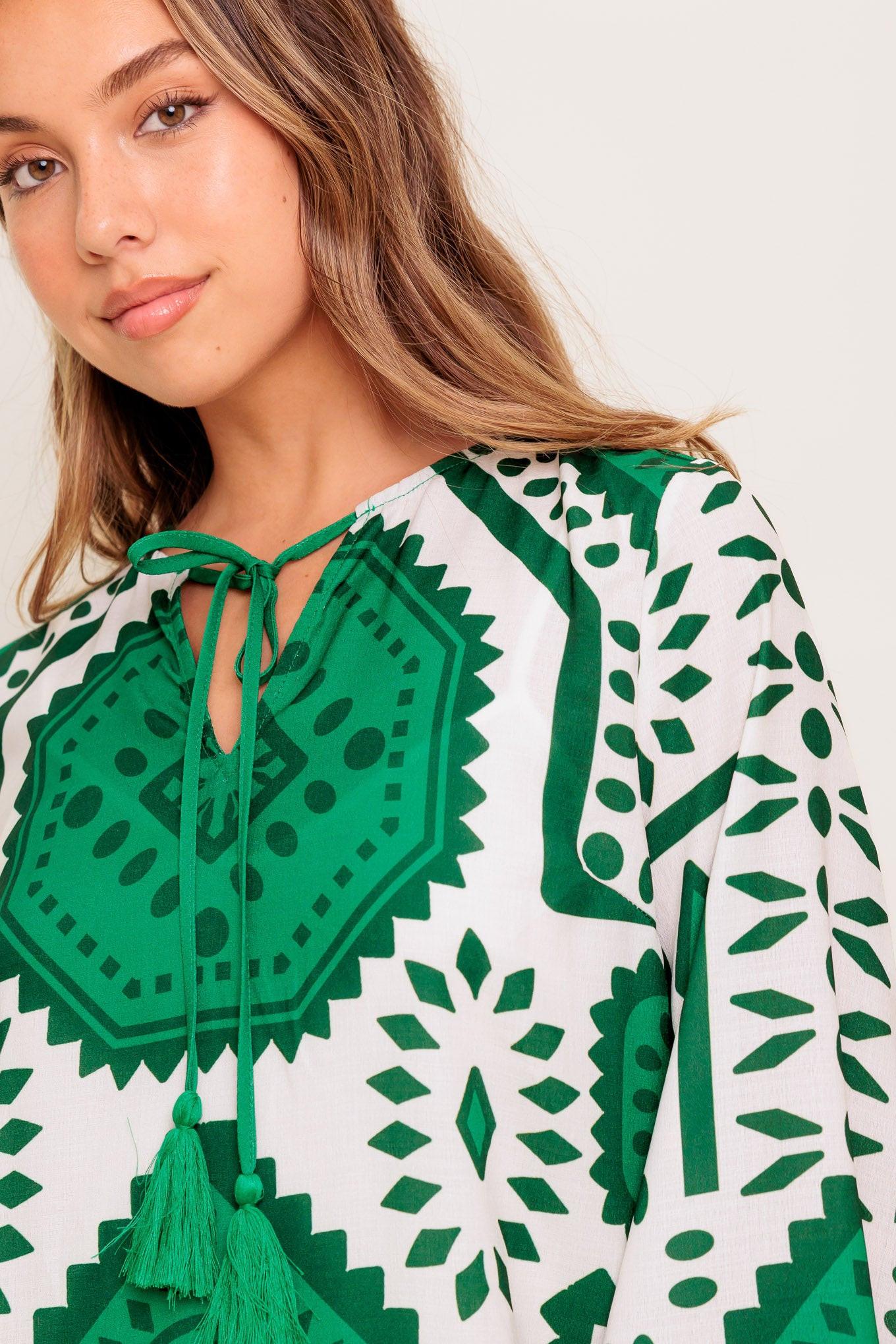 Emerald Terra Tunic Woven Mini Dress in ivory green, view 4 — Soul Flow Apparel