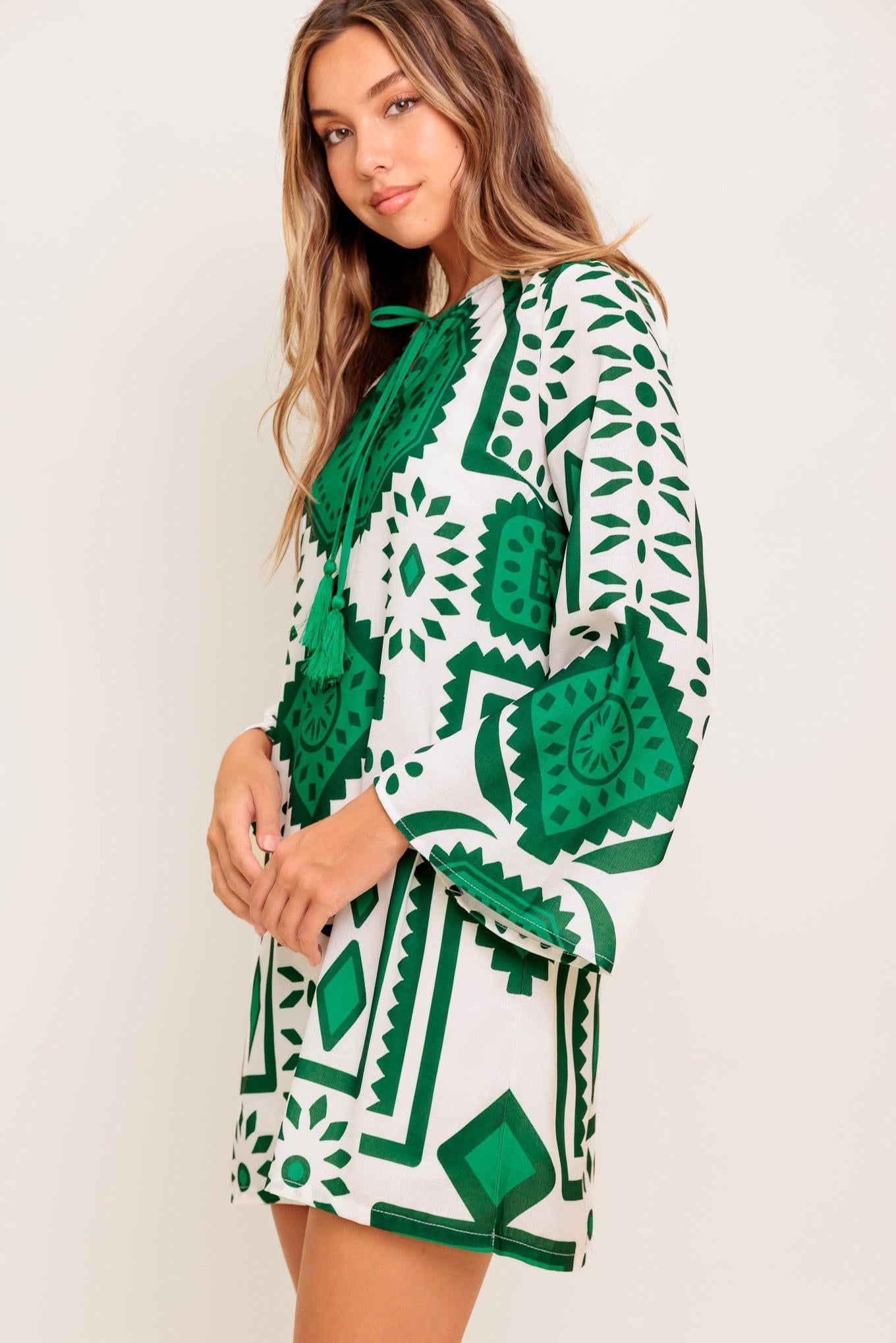 Emerald Terra Tunic Woven Mini Dress in ivory green, view 5 — Soul Flow Apparel