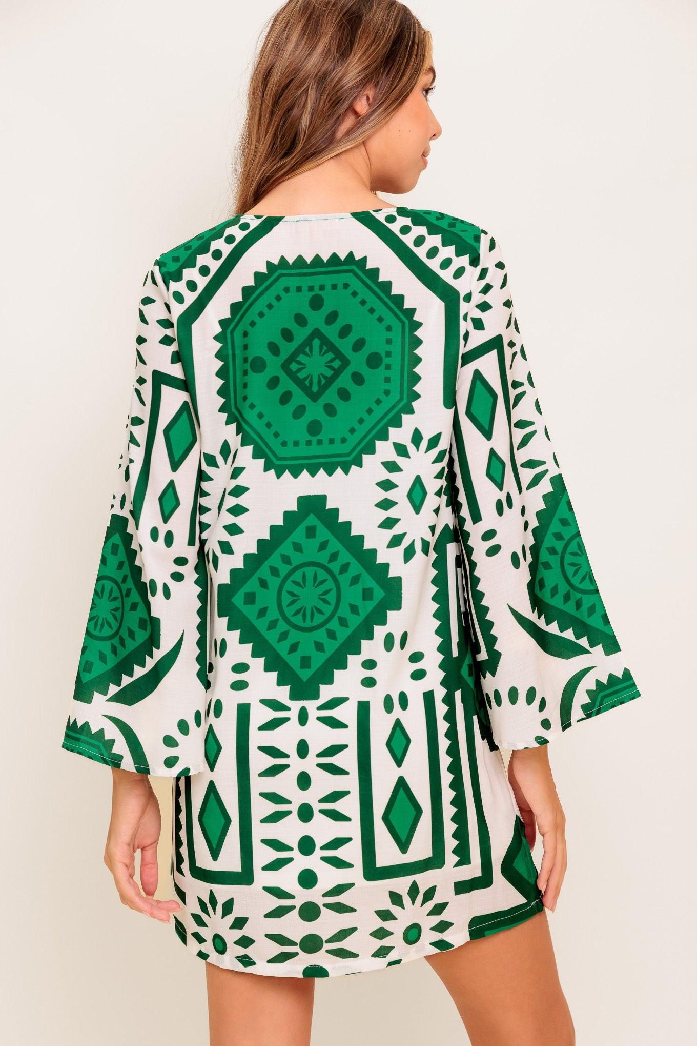 Emerald Terra Tunic Woven Mini Dress in ivory green, view 6 — Soul Flow Apparel