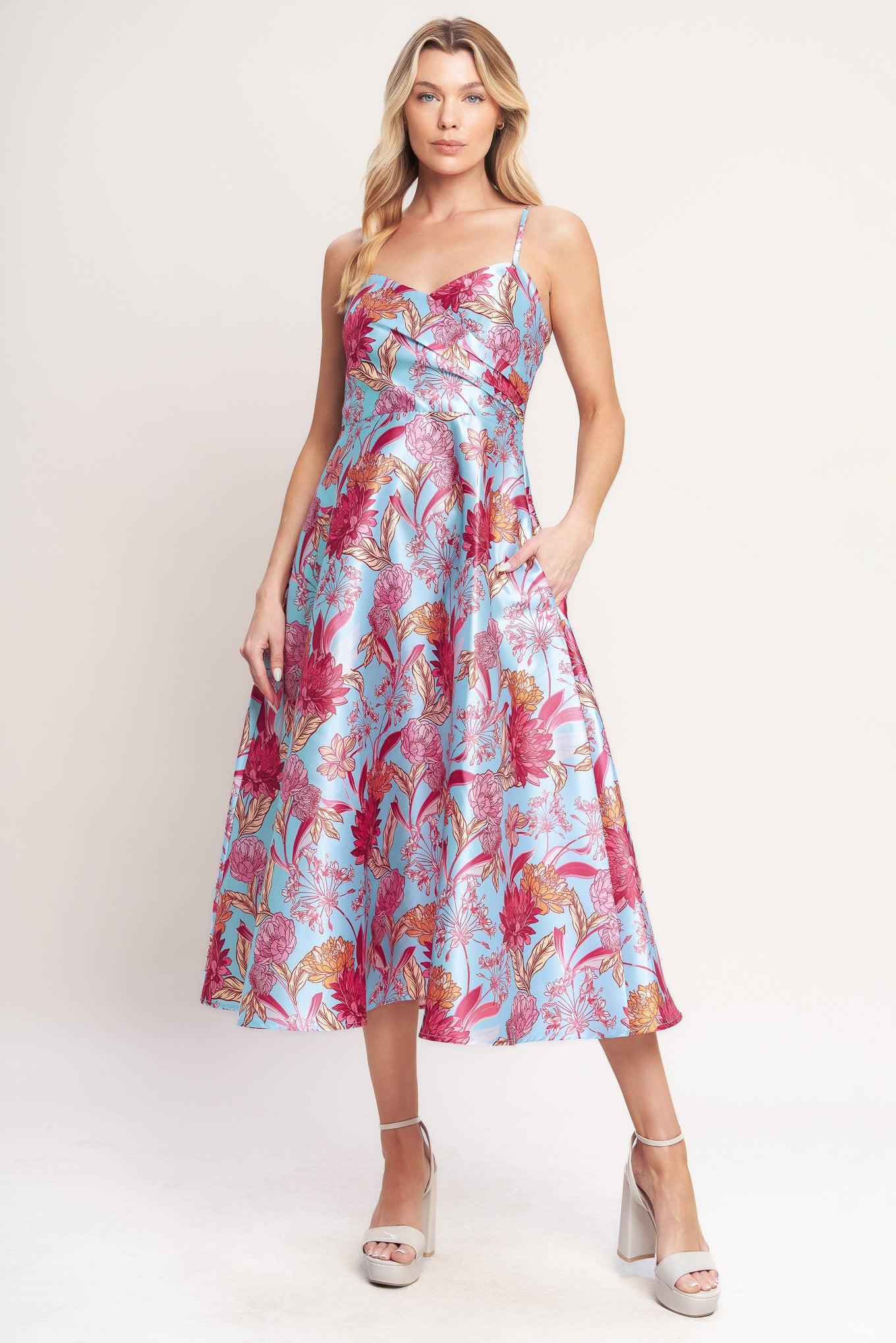Elevated Garden Woven Midi Dress in light blue, view 1 — Soul Flow Apparel
