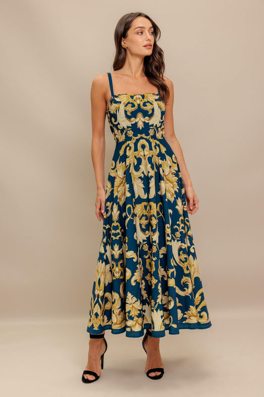 Imperial Bloom Blue Woven Midi Dress, view 5 — Soul Flow Apparel