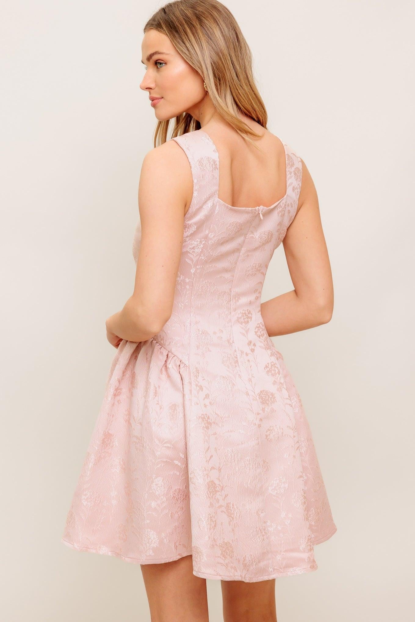 Sweet Bloom Woven Jacquard Satin Mini Dress in blush, view 1 — Soul Flow Apparel