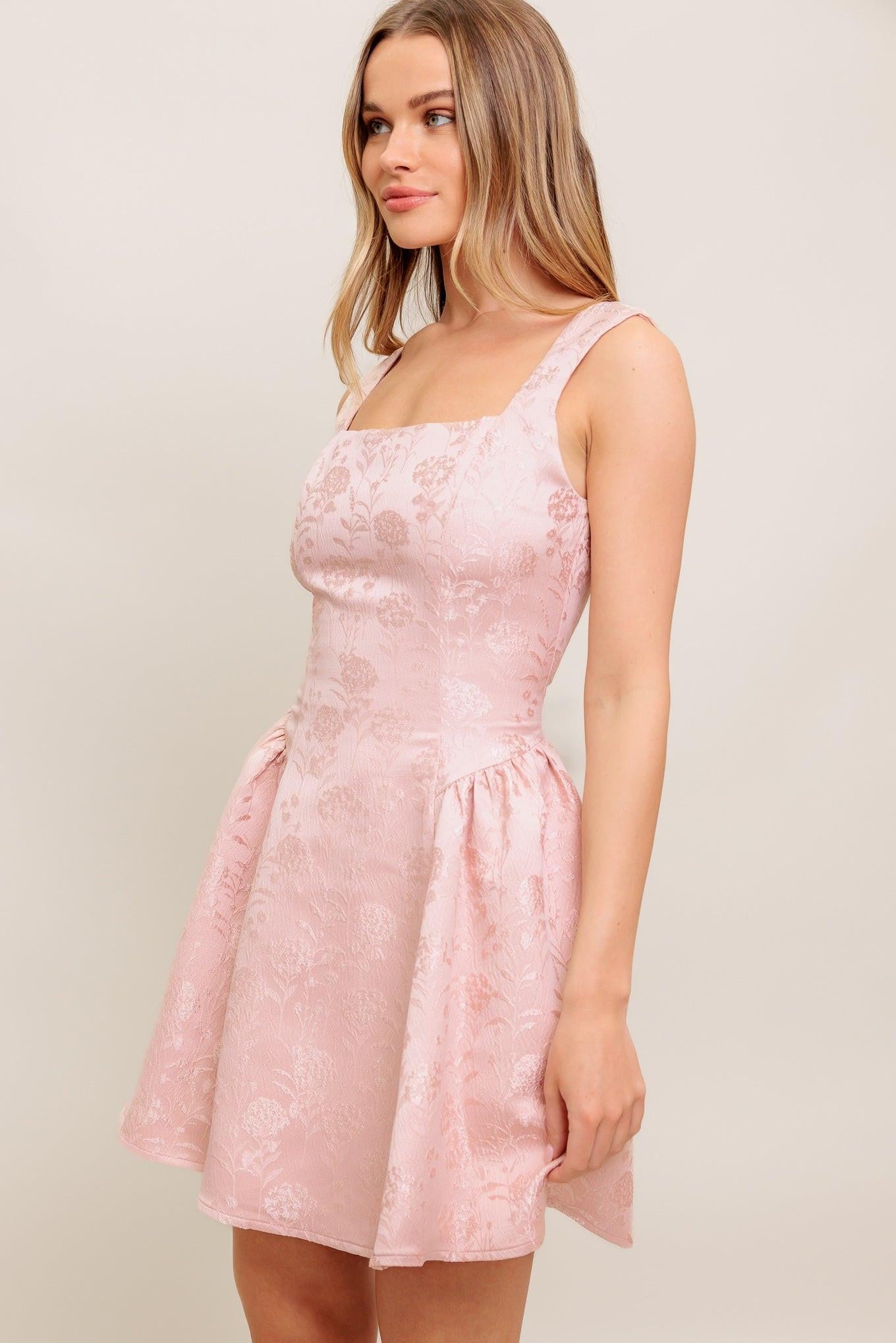 Sweet Bloom Woven Jacquard Satin Mini Dress in blush, view 6 — Soul Flow Apparel