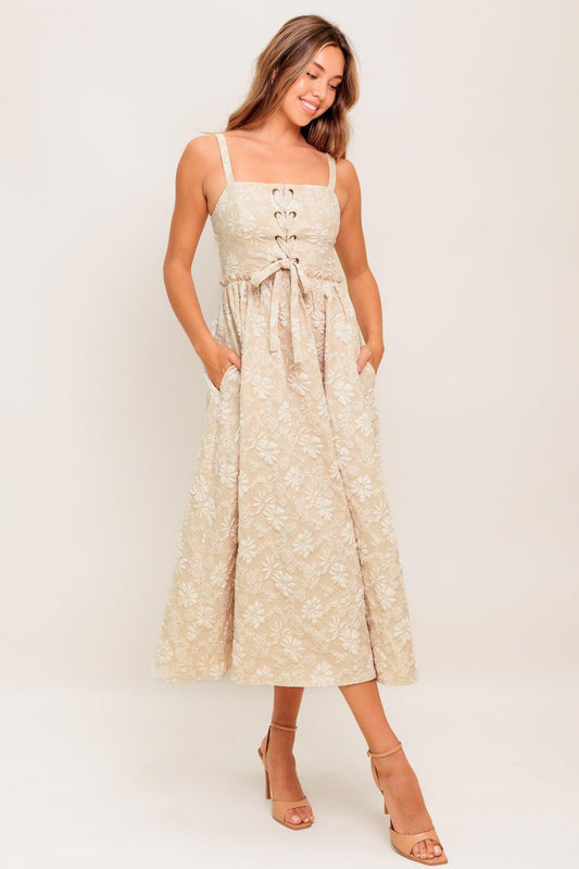 Soft Sunset Story Woven Midi Dress in taupe, view 1 — Soul Flow Apparel