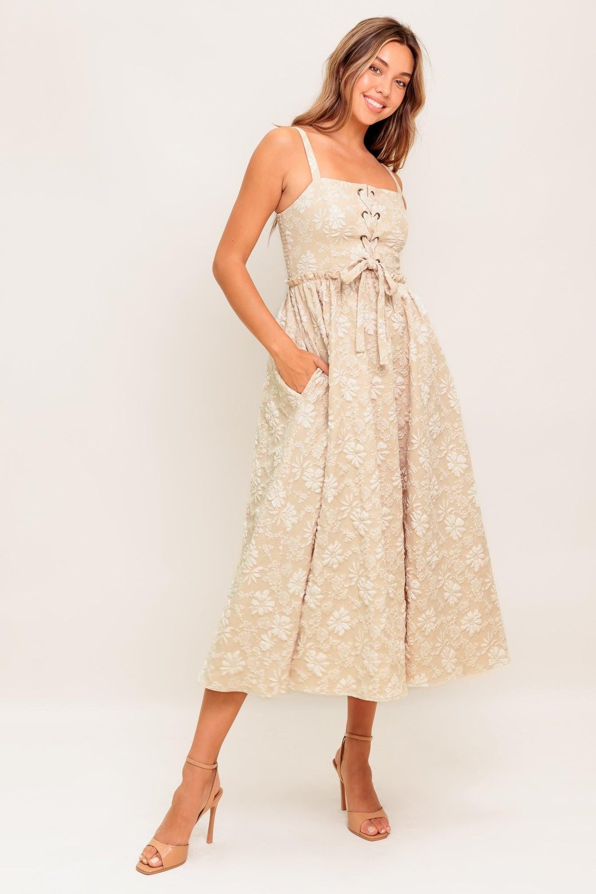 Soft Sunset Story Woven Midi Dress in taupe, view 2 — Soul Flow Apparel