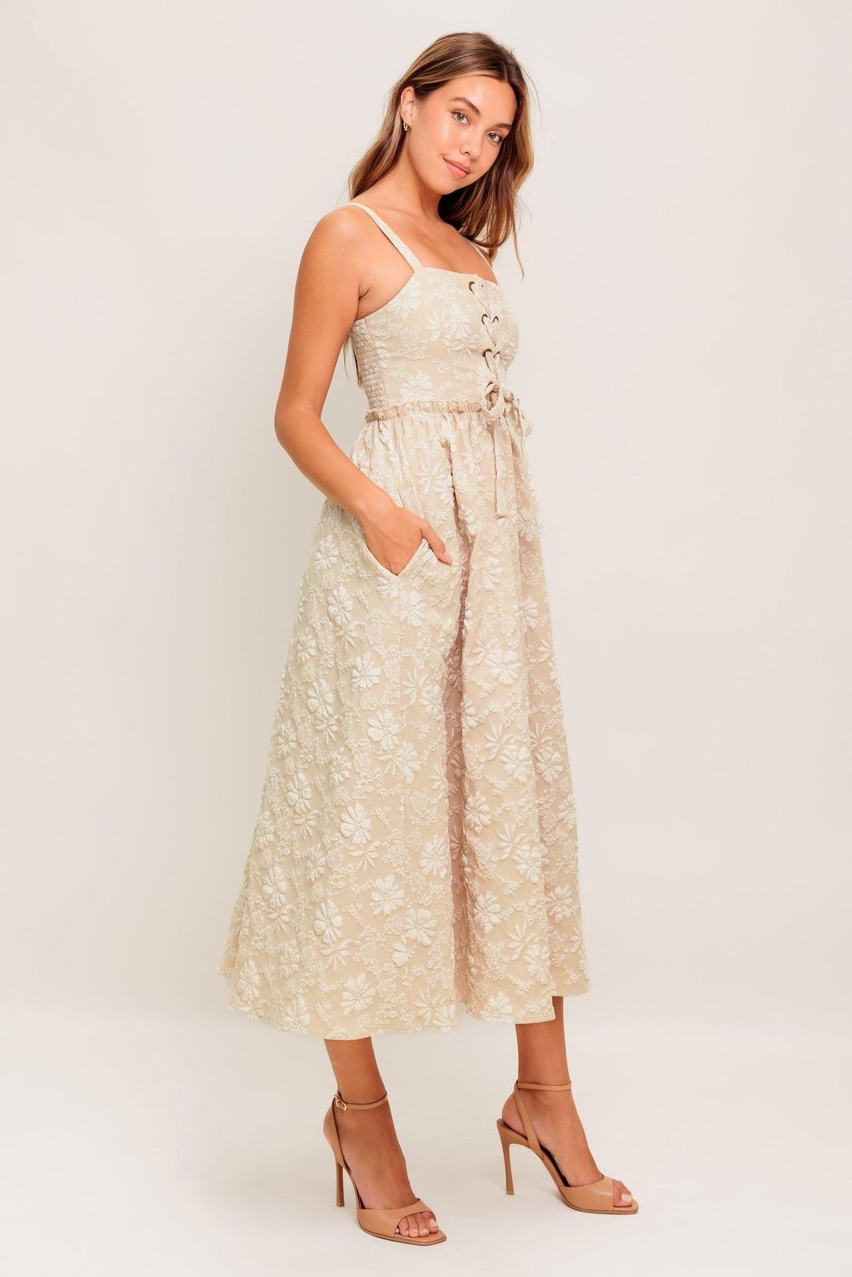 Soft Sunset Story Woven Midi Dress in taupe, view 3 — Soul Flow Apparel