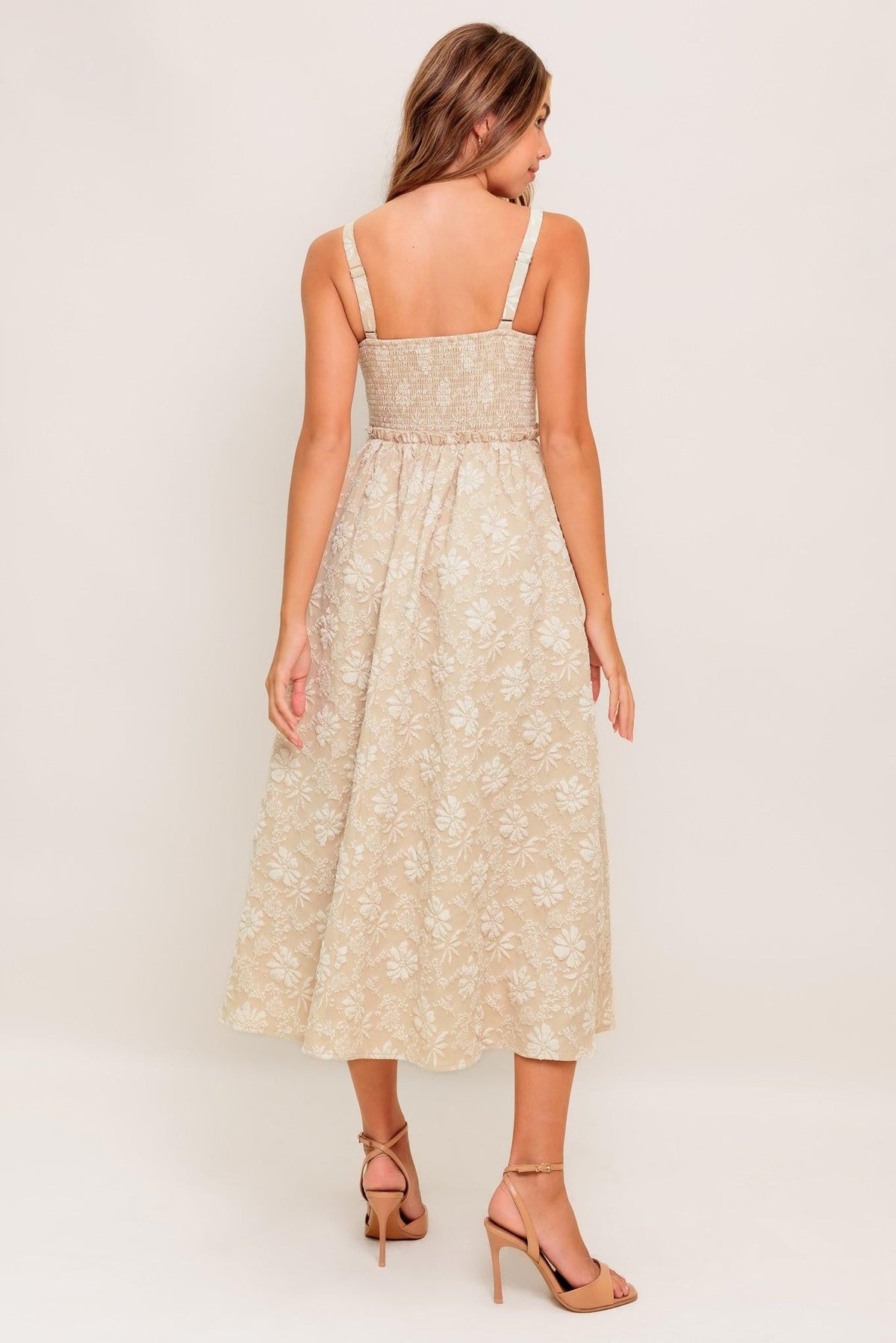 Soft Sunset Story Woven Midi Dress in taupe, view 5 — Soul Flow Apparel