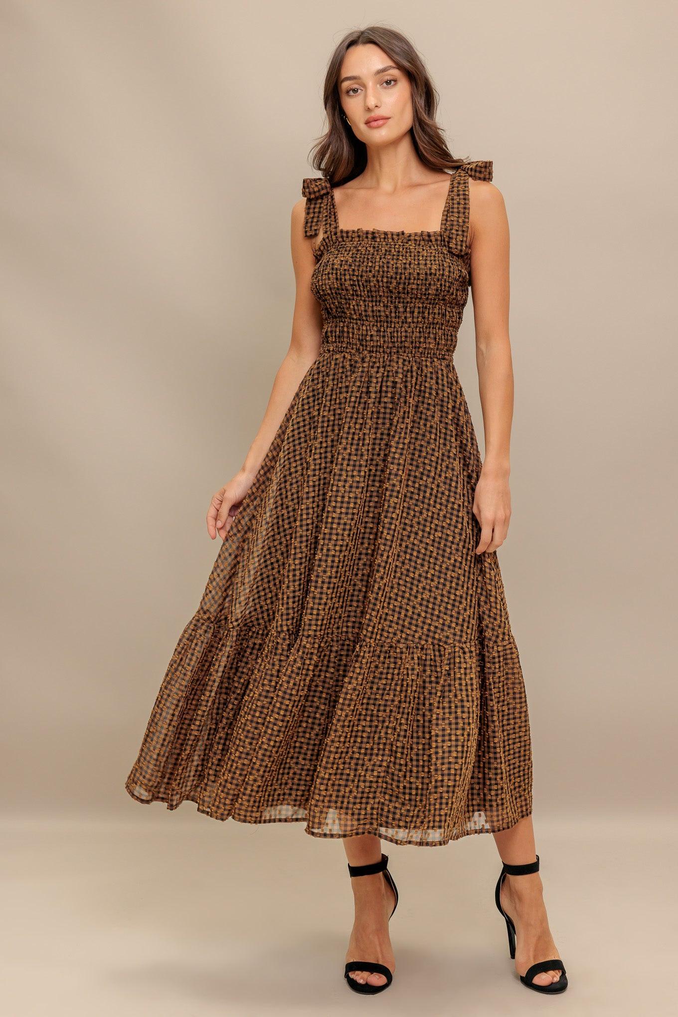 Checked Daydream Woven Midi Dress in brown, view 1 — Soul Flow Apparel