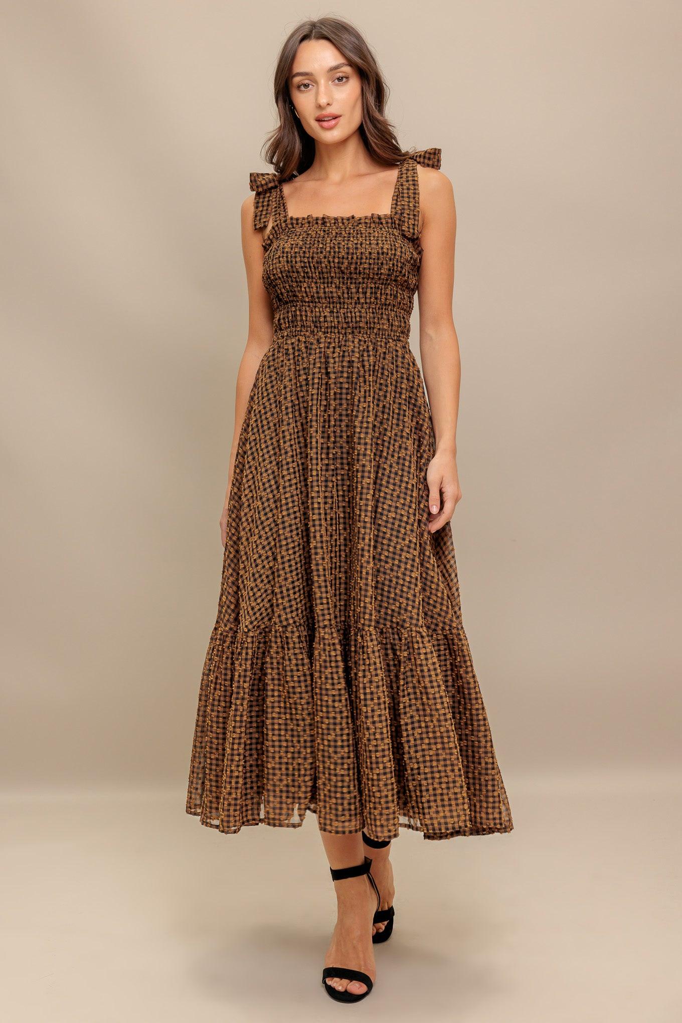 Checked Daydream Woven Midi Dress in brown, view 2 — Soul Flow Apparel