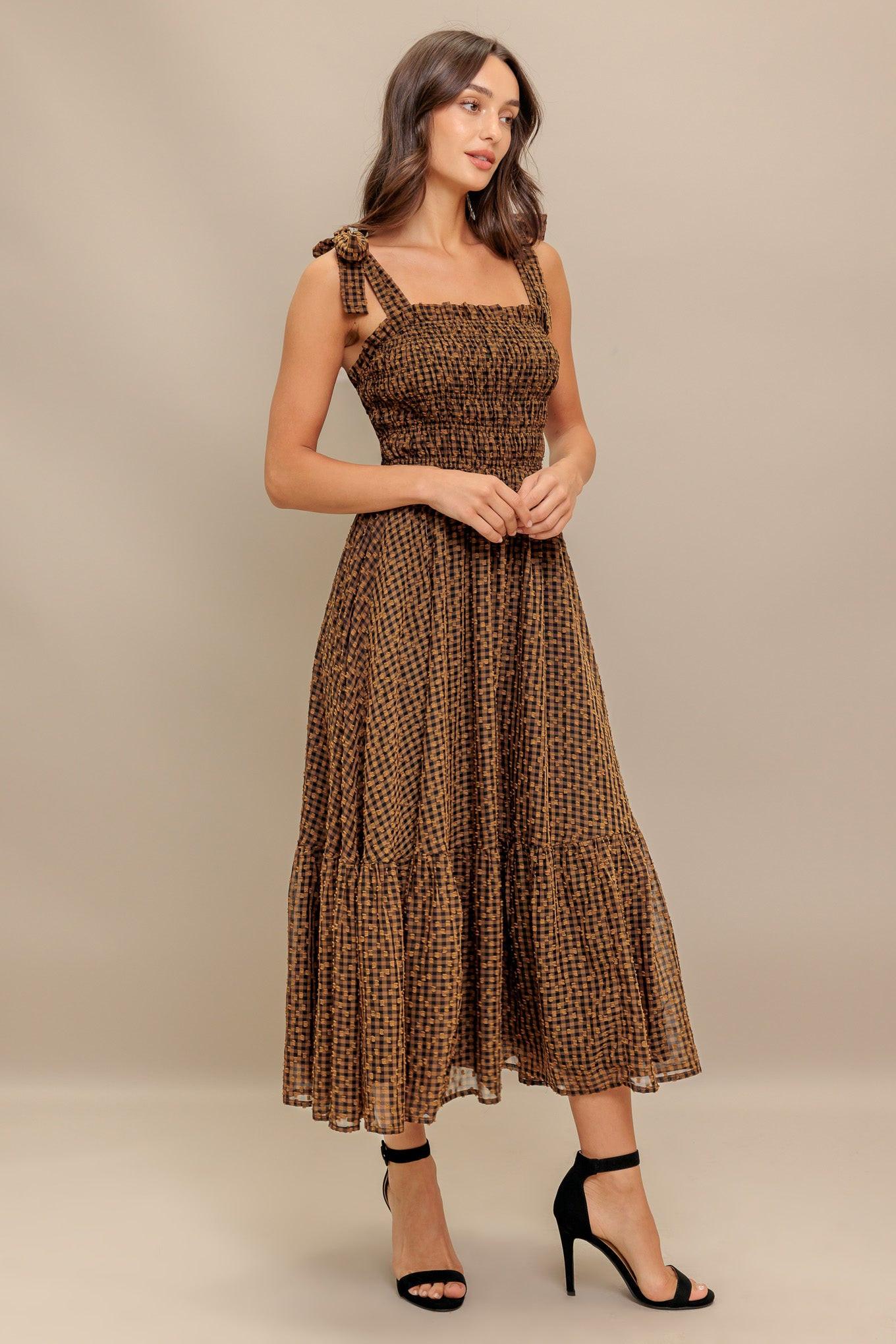 Checked Daydream Woven Midi Dress in brown, view 3 — Soul Flow Apparel