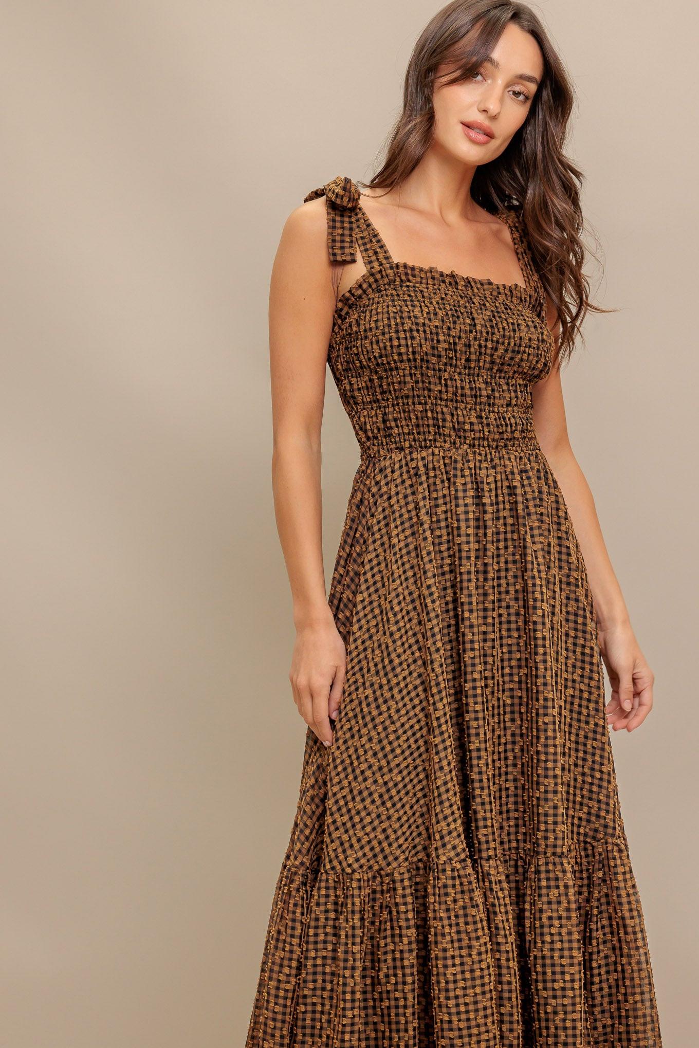Checked Daydream Woven Midi Dress in brown, view 4 — Soul Flow Apparel