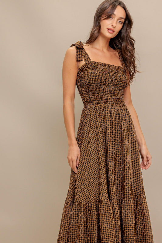Checked Daydream Woven Midi Dress in brown, view 4 — Soul Flow Apparel