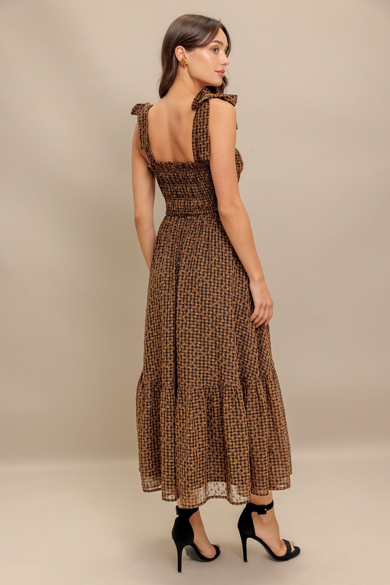 Checked Daydream Woven Midi Dress in brown, view 6 — Soul Flow Apparel