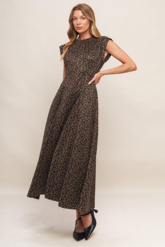 Urban Jungle Glam Sueded Knit Midi Dress in leopard, view 2 — Soul Flow Apparel