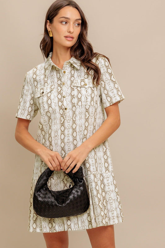 Chic Python Woven Mini Dress in ivory taupe, view 4 — Soul Flow Apparel