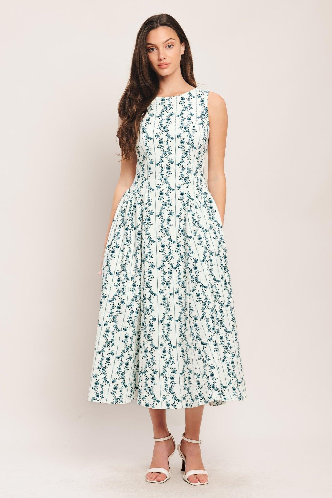 Bloom Column Woven Midi Dress in white blue, view 1 — Soul Flow Apparel