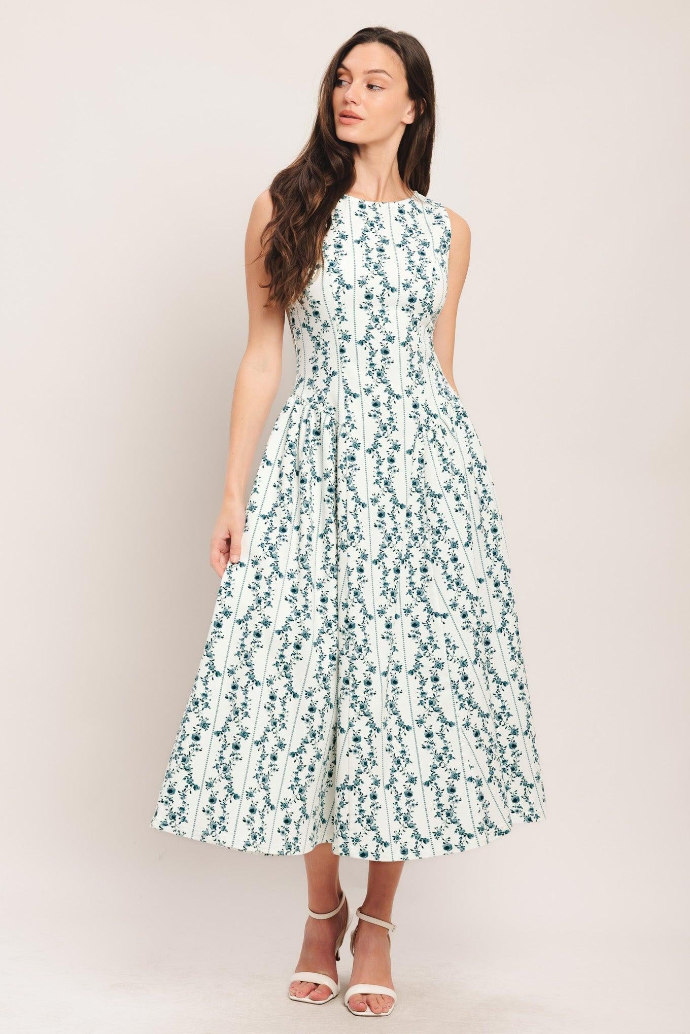 Bloom Column Woven Midi Dress in white blue, view 2 — Soul Flow Apparel