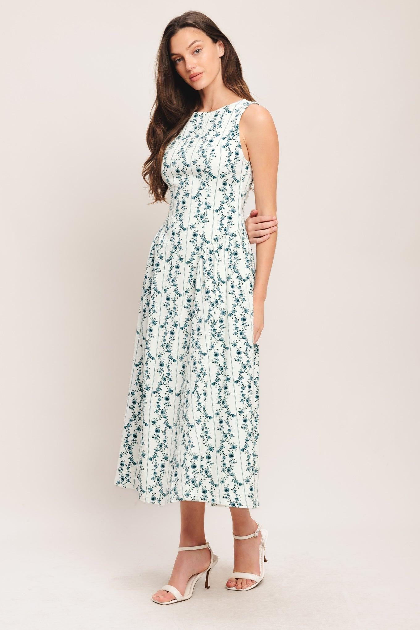 Bloom Column Woven Midi Dress in white blue, view 3 — Soul Flow Apparel