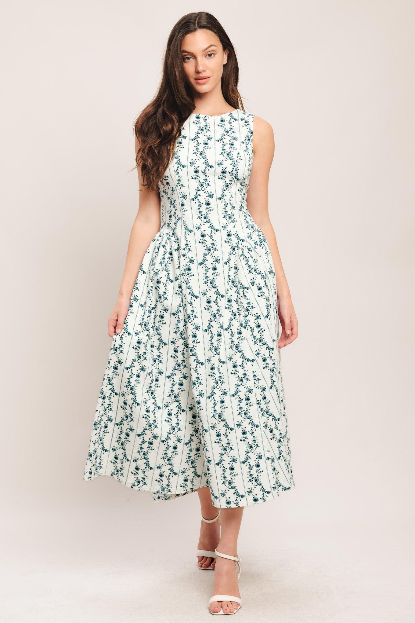 Bloom Column Woven Midi Dress in white blue, view 4 — Soul Flow Apparel