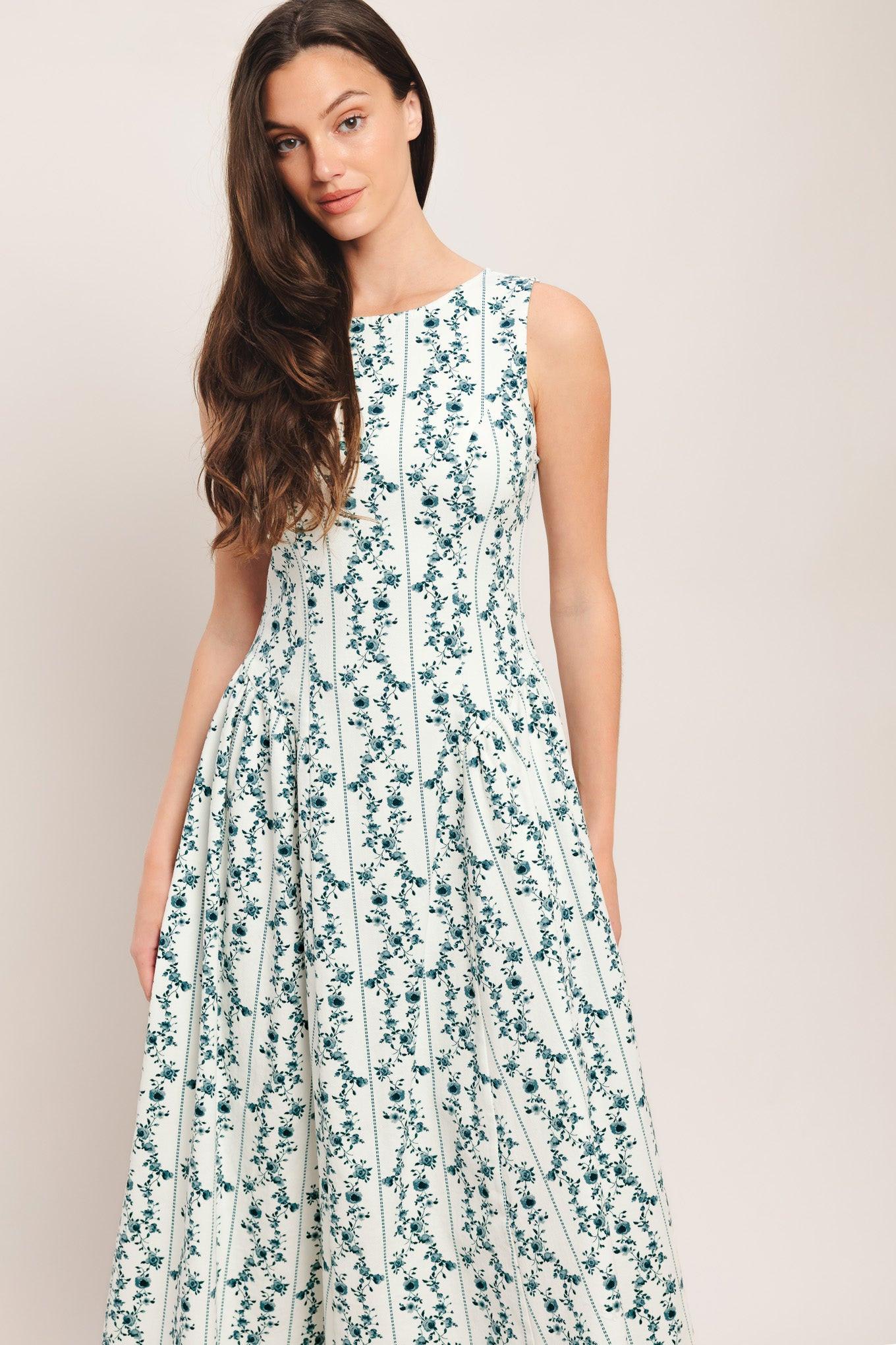 Bloom Column Woven Midi Dress in white blue, view 5 — Soul Flow Apparel