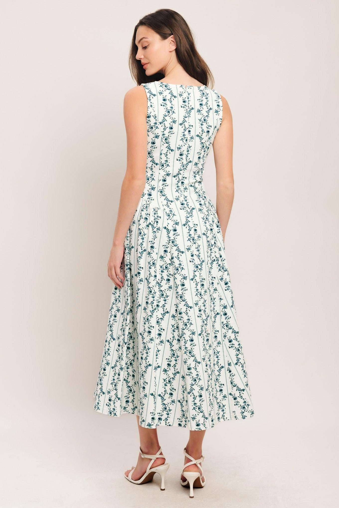 Bloom Column Woven Midi Dress in white blue, view 7 — Soul Flow Apparel