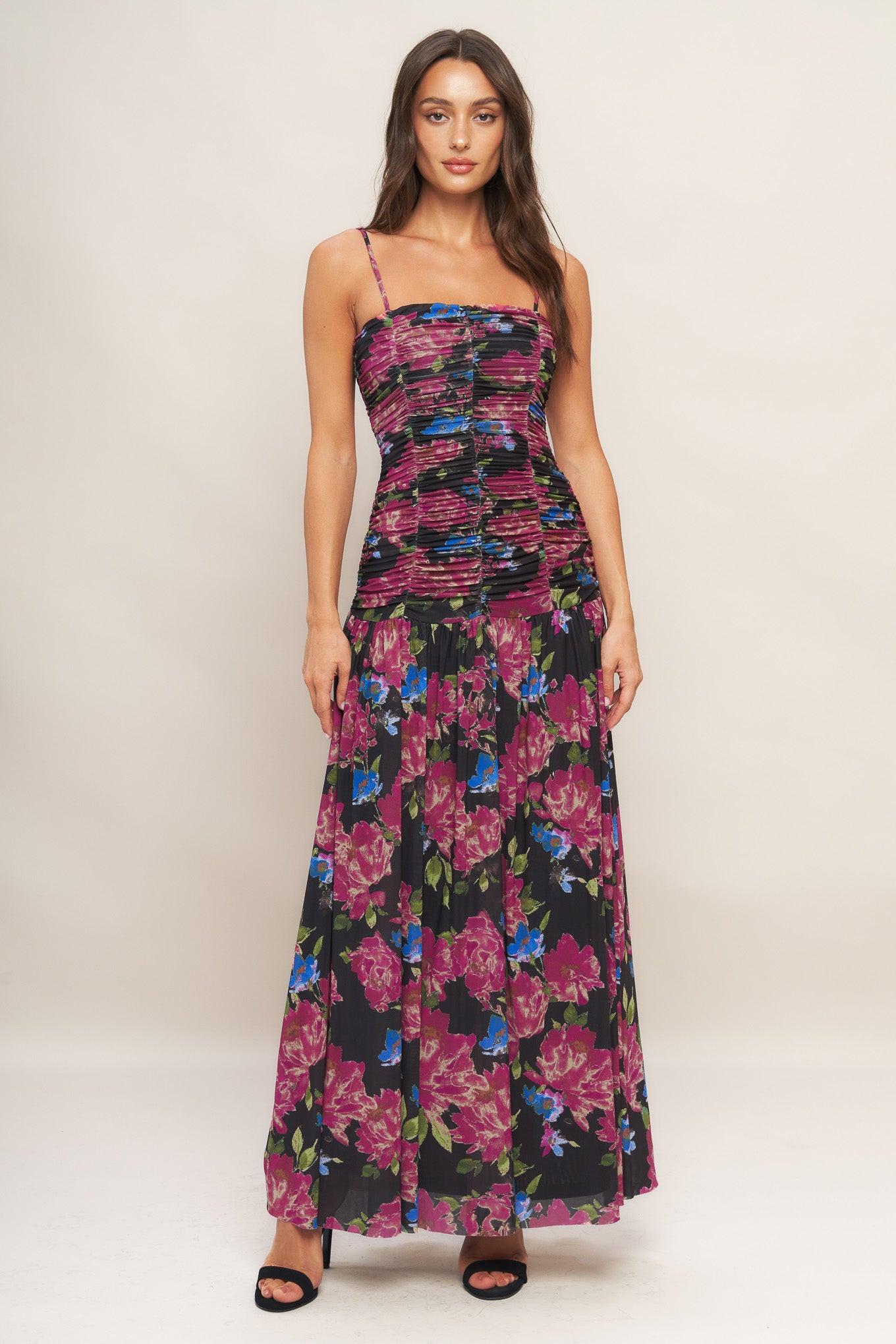 Night Florist Power Mesh Maxi Dress in black, view 1 — Soul Flow Apparel