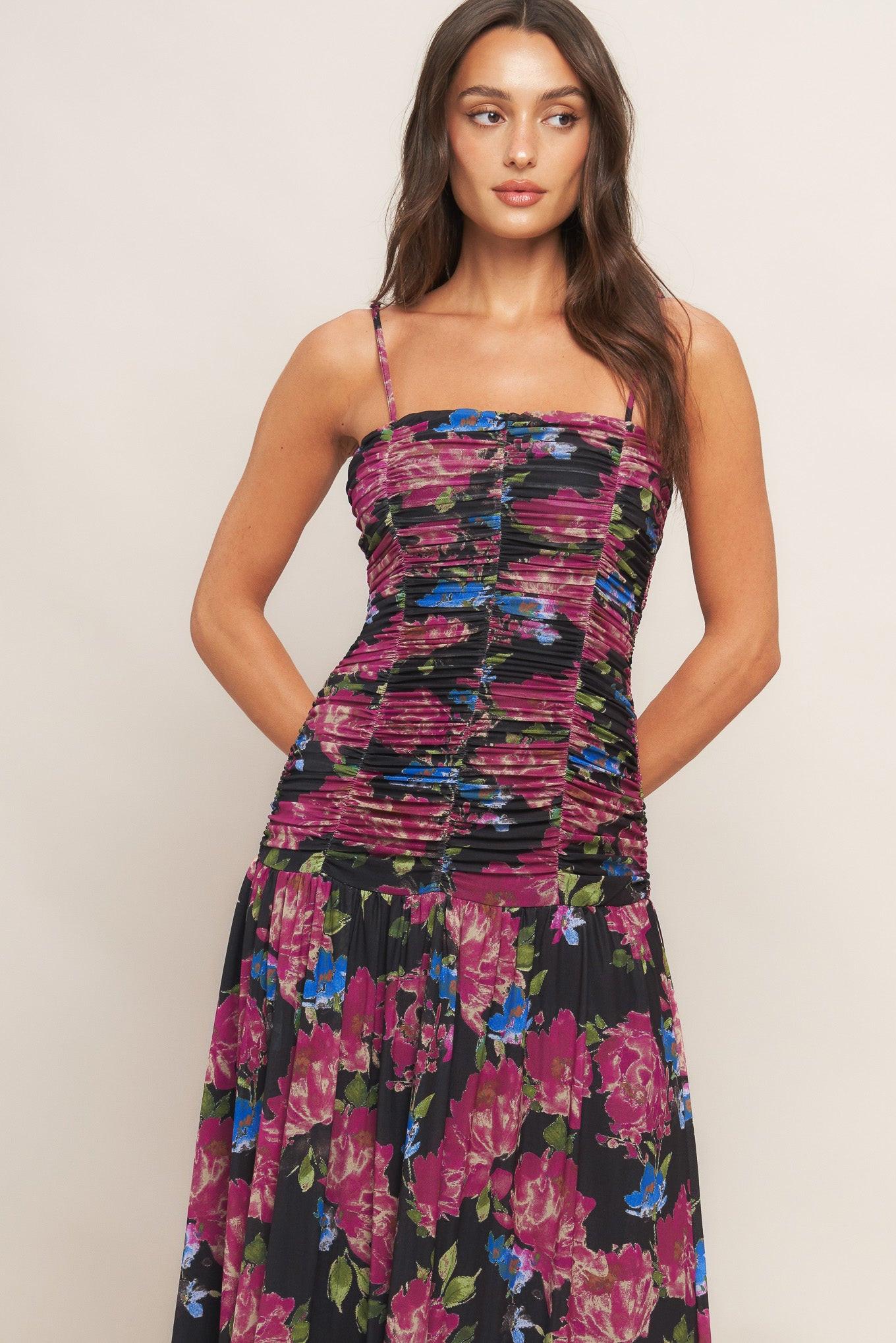 Night Florist Power Mesh Maxi Dress in black, view 2 — Soul Flow Apparel