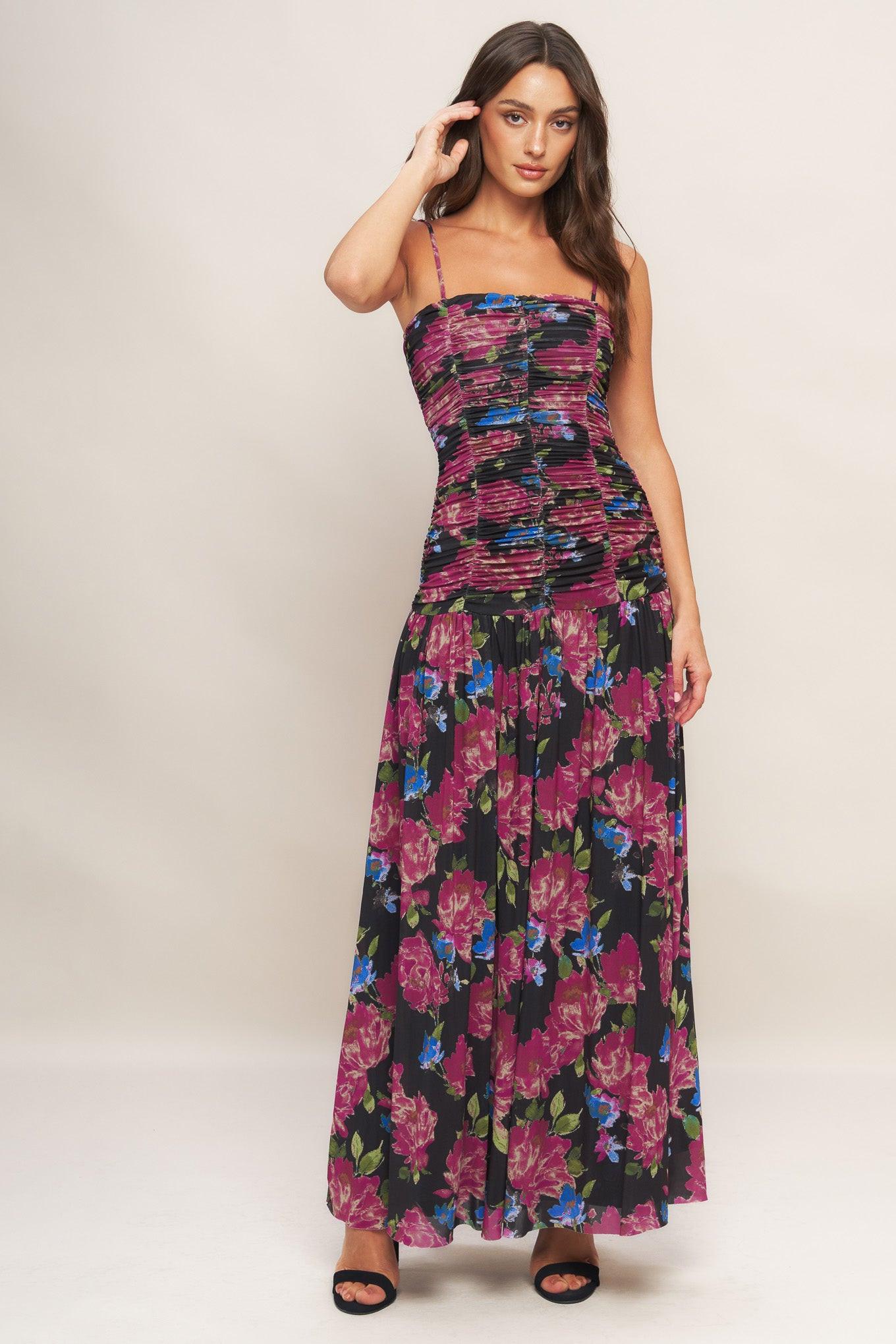 Night Florist Power Mesh Maxi Dress in black, view 3 — Soul Flow Apparel