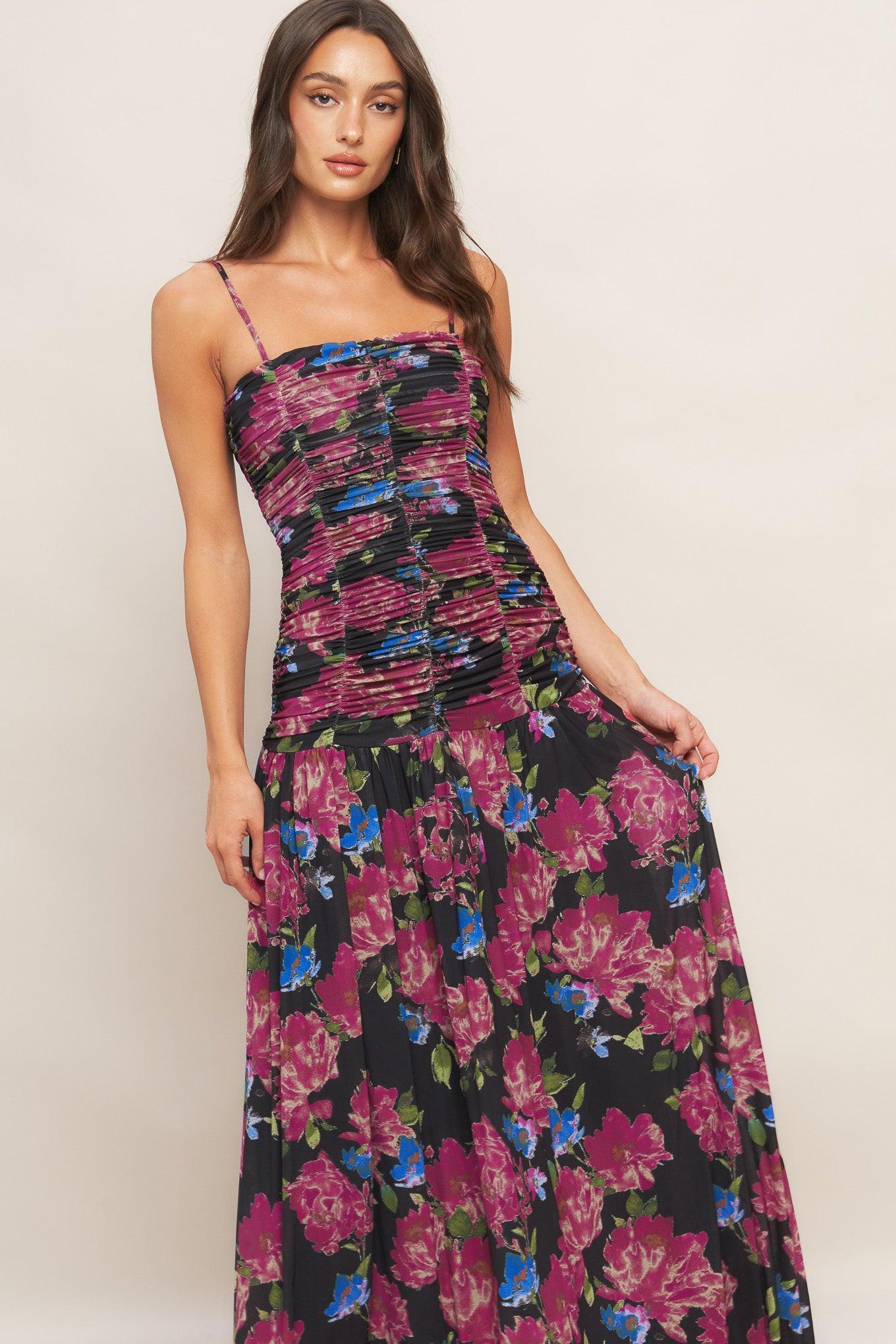 Night Florist Power Mesh Maxi Dress in black, view 4 — Soul Flow Apparel