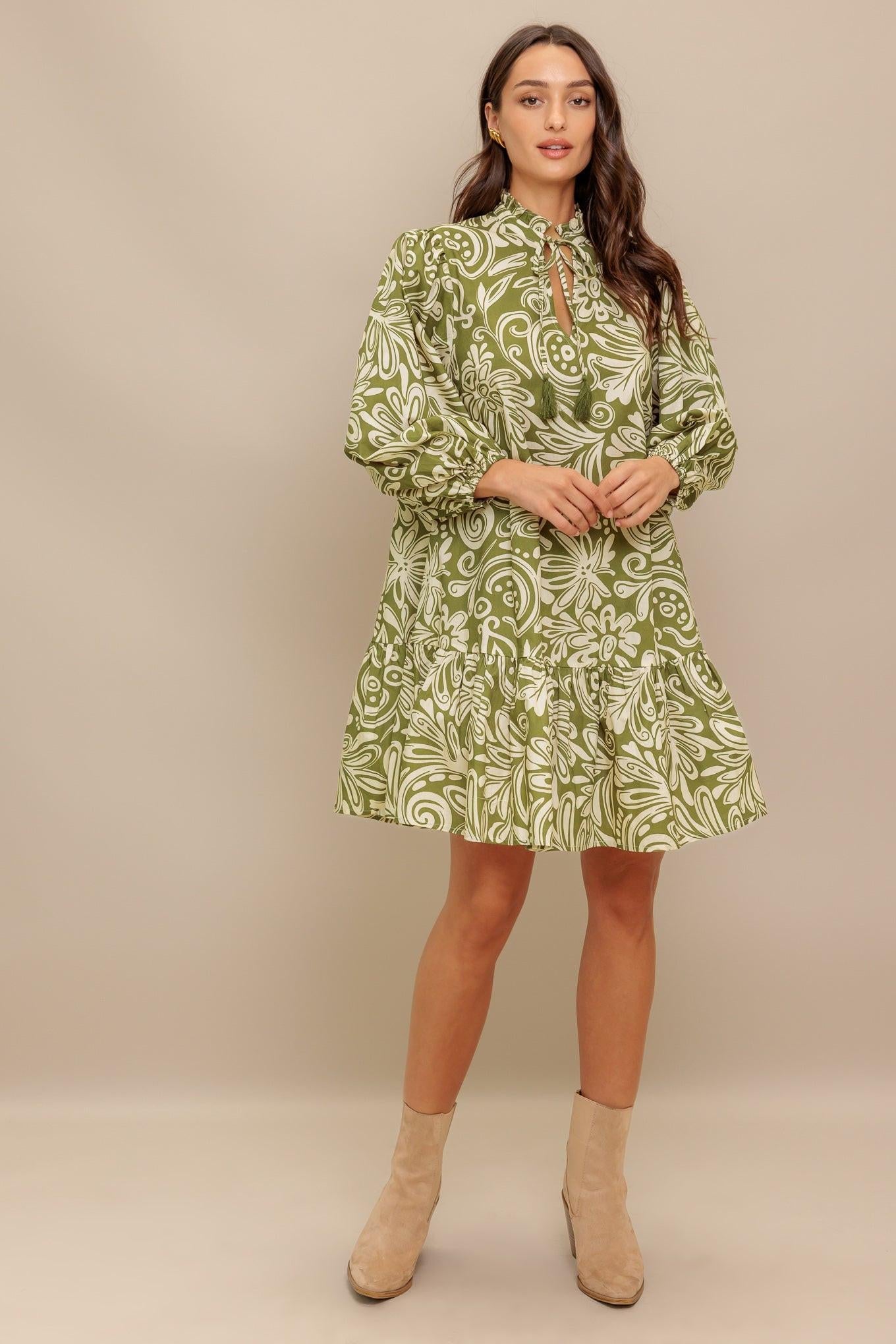 Florence Flair Woven Mini Dress in olive, view 1 — Soul Flow Apparel