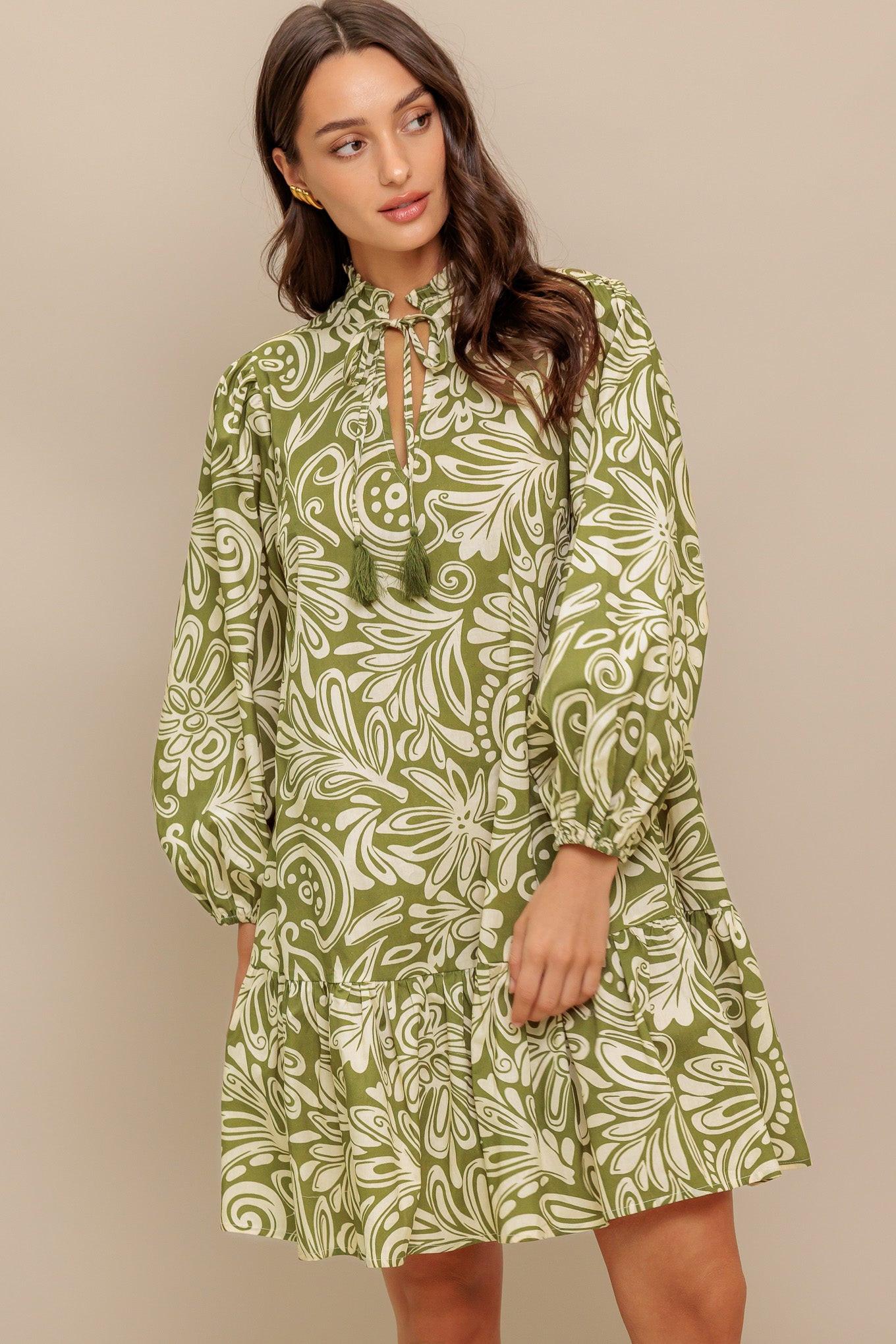 Florence Flair Woven Mini Dress in olive, view 2 — Soul Flow Apparel