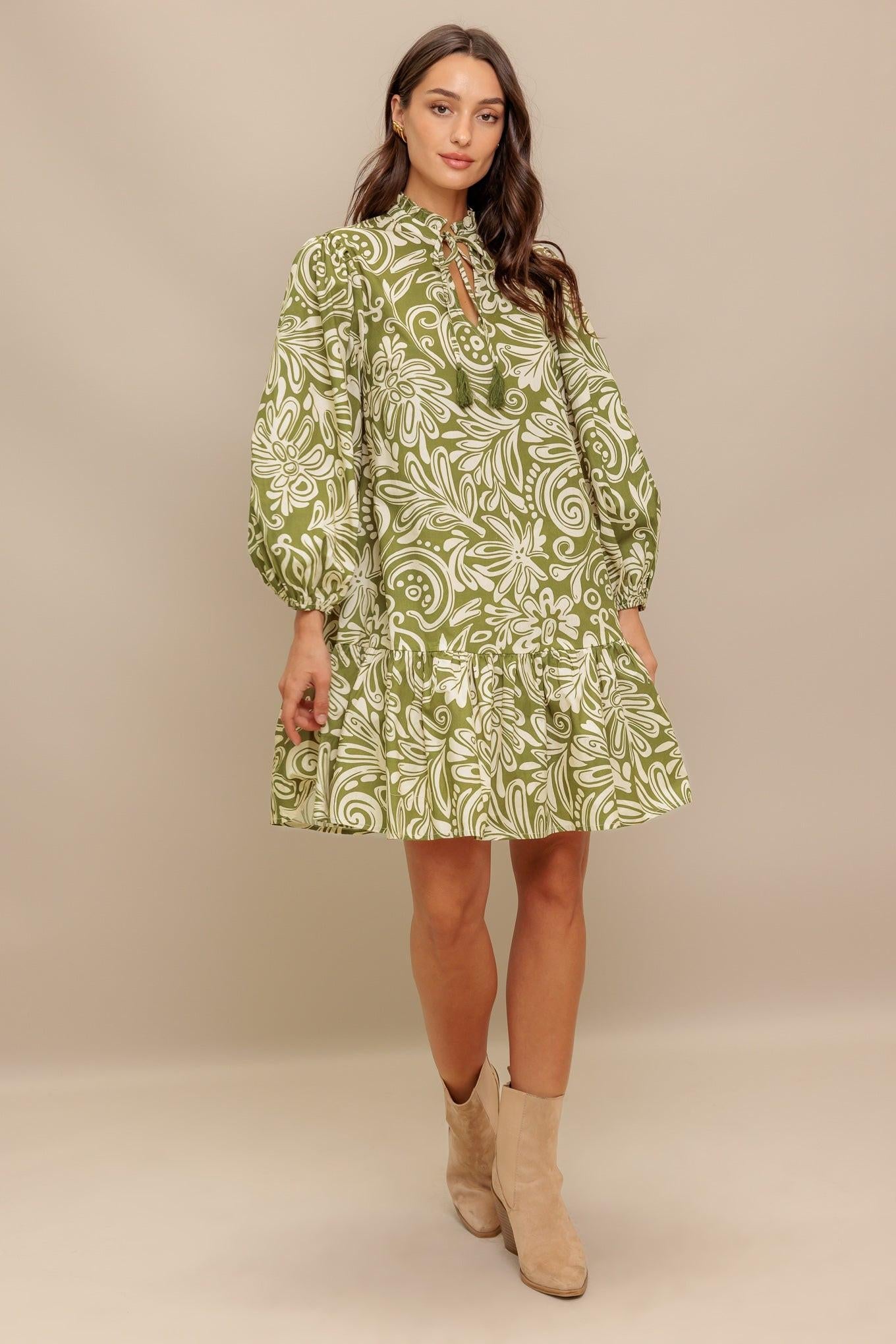 Florence Flair Woven Mini Dress in olive, view 3 — Soul Flow Apparel
