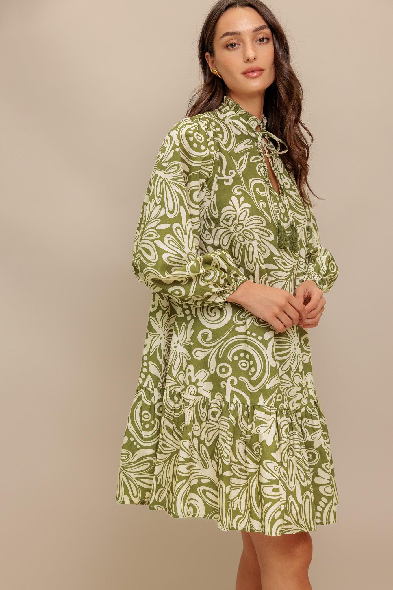 Florence Flair Woven Mini Dress in olive, view 4 — Soul Flow Apparel