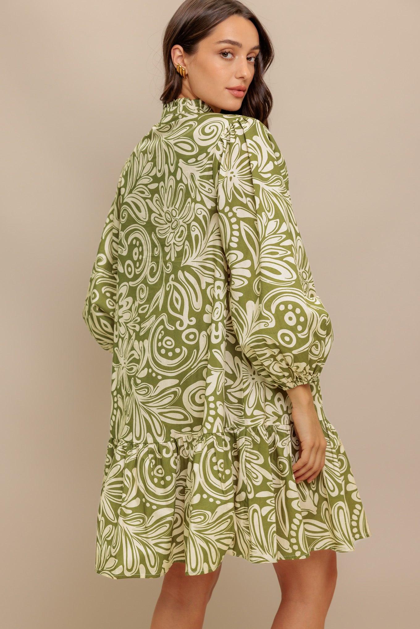 Florence Flair Woven Mini Dress in olive, view 6 — Soul Flow Apparel