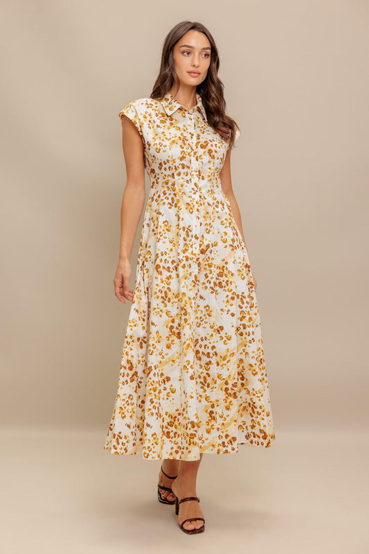 Buttercup Kiss Woven Midi Dress in ivory brown, view 2 — Soul Flow Apparel