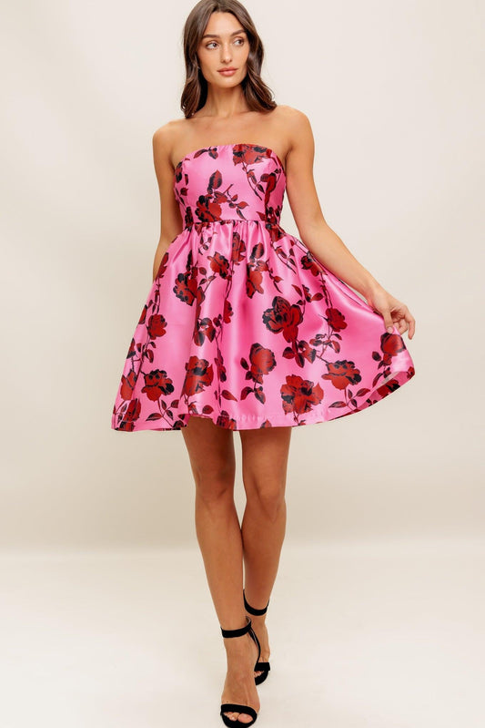 Strapless Seduction Woven Mini Dress in pink floral, view 3 — Soul Flow Apparel